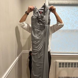 Stunning silver gown with floral and ruching details